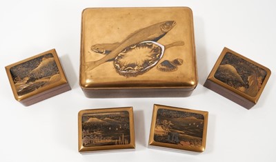 Lot 746 - Fine quality 19th century Japanese lacquer box, of rounded rectangular form decorated in low relief with with fish and shells, the cover enclosing four lidded boxes, each decorated with landscape,...