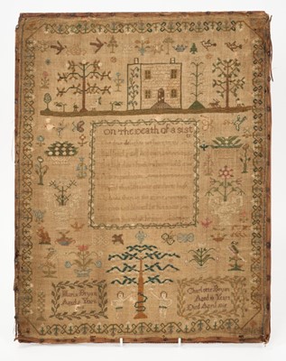 Lot 768 - Very unusual and poignant George III needlework sampler, by Maria Bryan, aged 9 years, 1816, titled 'On the death of a sister' and dedicated to Charlotte Bryan aged 10 years, with verse and scatter...