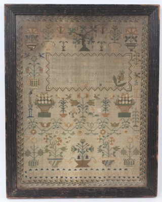 Lot 769 - 19th century needlework sampler, by Mary Boxhall, in her 13th year, indistinctly dated and with verse and floral repeat ornaments, in glazed frame 47 x 36cm