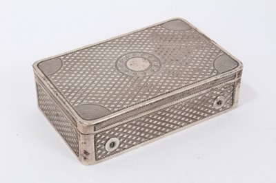 Lot 783 - Early 19th century Austrian silver music box, maker CV, date mark for 1826, rounded rectangular form with engraved geometric ornament, key present, mechanism currently not functioning, 9cm wide