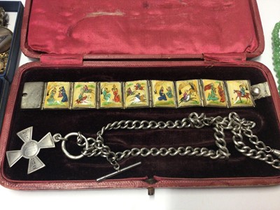 Lot 47 - Group of vintage costume jewellery to include a silver enamel and marcasite orchid brooch, Edwardian silver watch chain, two miniature silver photograph frames, two silver coin pendants, bead neckl...