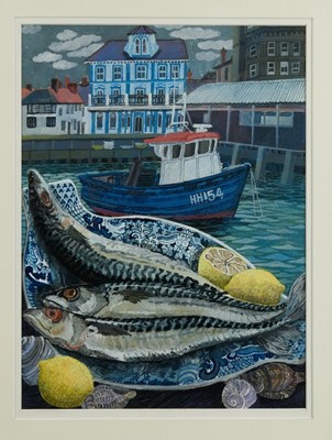 Lot 1236 - *Dione Page (1936-2021) gouache and pastel on paper - Harwich mackerel, signed and titled behind mount, image 30cm x 40cm, in glazed frame.