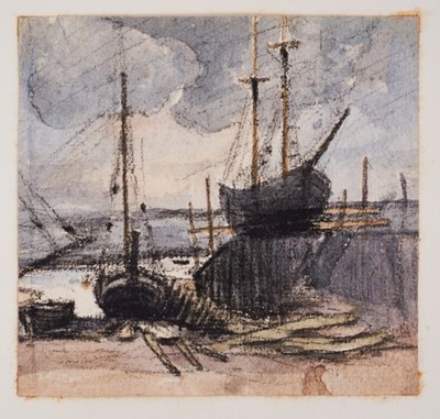 Lot 1209 - Thomas Churchyard (1798-1865) watercolour and charcoal - fishing boats in dry dock, 13cm x 14cm, unframed