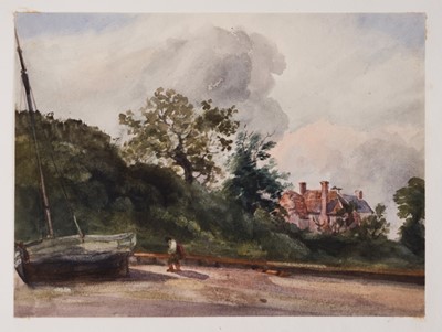 Lot 1213 - Thomas Churchyard (1798-1865) watercolour - fishing boat on the shore, a country house beyond, 15cm x 20cm, unframed