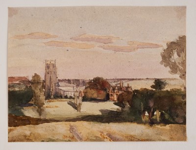 Lot 1217 - Thomas Churchyard (1798-1865) watercolour - view to Woodbridge Church, inscribed to paper backing mount, 9.5cm x 12.5cm, unframed