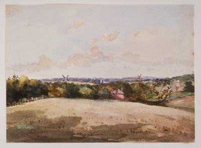 Lot 1218 - Thomas Churchyard (1798-1865) watercolour - extensive view with windmills beyond, inscribed 'Laura' verso, 15cm x 20cm, unframed