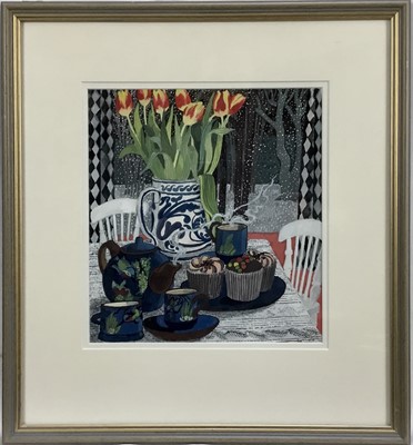 Lot 1250 - *Dione Page (1936-2021) gouache on paper - 'Tea and Cakes', signed titled and dated '17, 25cm x 27cm, in glazed frame