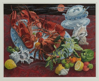 Lot 1237 - *Dione Page (1936-2021) gouache and pastel on paper - 'On the Plate', signed titled and dated ‘15, 51cm x 41cm, in glazed frame