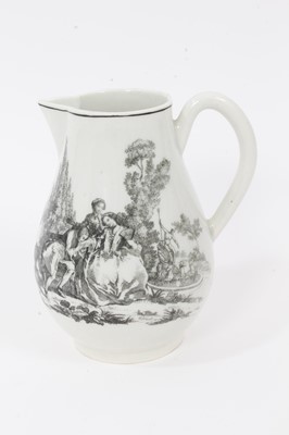 Lot 102 - A Worcester milk jug, printed by Robert Hancock with Lady Watering Garden and L'Amour, circa 1770