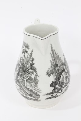 Lot 102 - A Worcester milk jug, printed by Robert Hancock with Lady Watering Garden and L'Amour, circa 1770