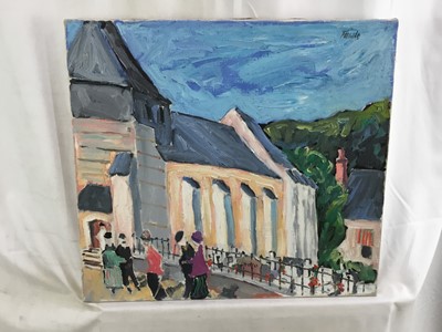 Lot 94 - *John Hanbury Pawle (1915-2010) oil on canvas - ‘Sunday Mass’ France, signed, titled verso, 50.5cm x 46cm, unframed