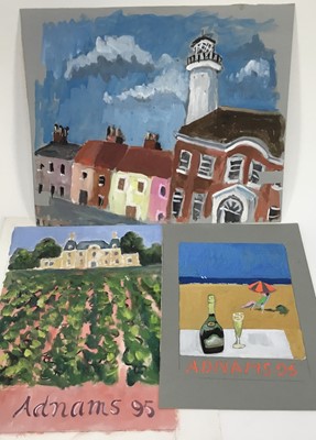 Lot 312 - *John Hanbury Pawle (1915-2010) three unframed studies on paper - one watercolour - Southwold, 51cm x 43cm, together with two Adnams gouache studies dated '95, the first 32cm x 44cm, signe...