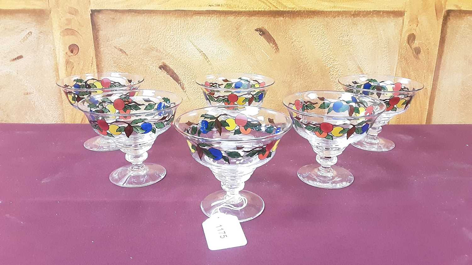 Lot 1175 - Set of six Stuart & Sons crystal glasses enamelled with borders of fruit. Etched to undersides 'Rd.681649 Made in England'. circa 1930-1935.