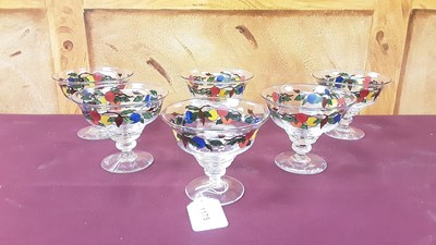 Lot 1175 - Set of six Stuart & Sons crystal glasses enamelled with borders of fruit. Etched to undersides 'Rd.681649 Made in England'. circa 1930-1935.