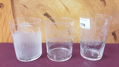 Lot 1176 - Three rare late 19th century fine crystal beakers with sand blasted etched scenes 'Souvenir De Londres 1893' La Bastille, also etched with Caduceus, 'A present from Hastings made in Belgium, Rd.212...