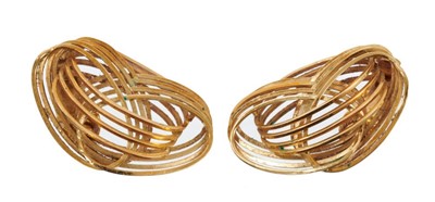 Lot 485 - Pair of Lalaounis 18ct gold earrings with abstract swirls and clip fittings. Signed. Approximately 35mm.