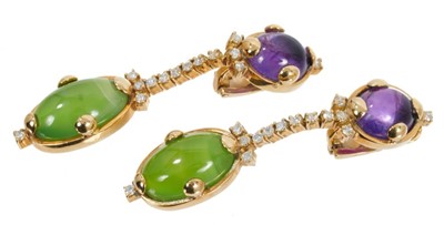 Lot 505 - Pair of diamond and gem-set 18ct gold pendant earrings with a cabochon amethyst, brilliant cut diamonds and cabochon green stone in 18ct yellow gold setting with clip fittings, 59mm.