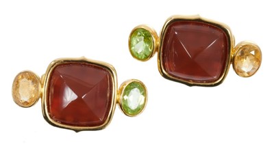 Lot 504 - Pair of gold and gem-set earrings with central square carnelian and two yellow and green gemstones in 18ct yellow gold rub-over setting with post and clip fittings, 34mm.