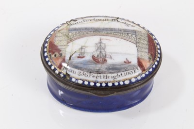 Lot 861 - A South Staffordshire enamel patch box, with a view of 'Sunderland Bridge', circa 1800