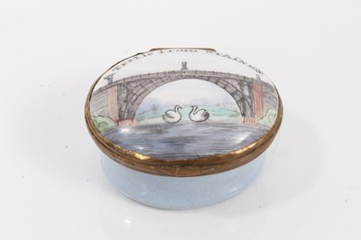 Lot 858 - A South Staffordshire enamel patch box 'A Trifle from Staines', circa 1800