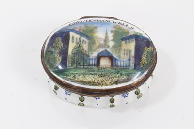 Lot 859 - A South Staffordshire enamel oval patch box 'Cheltenham Wells', circa 1800