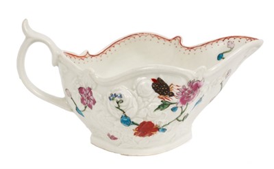 Lot 115 - A Worcester moulded sauce boat, painted with the 'May-Bug' pattern, circa 1770