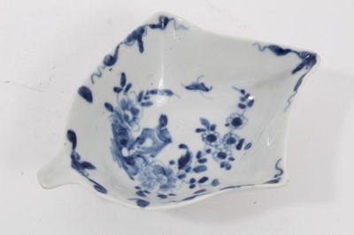 Lot 124 - A Worcester blue and white leaf shaped pickle dish, in the Two-Peony Rock Bird pattern, circa 1755