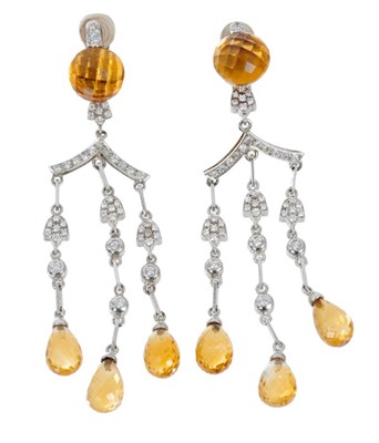 Lot 441 - Pair of diamond and citrine pendant earrings, the chandelier style drops with brilliant cut diamonds and briolette cut citrines, all in white gold setting, 90mm.