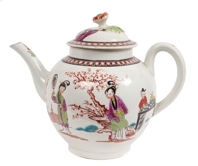 Lot 127 - A Worcester teapot and cover, circa 1770, painted in Chinese style, circa 1770