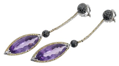 Lot 456 - Pair of diamond and amethyst pendant earrings, the marquise cut amethyst drop surrounded by yellow stones and white diamond accents, suspended from two pavé set black diamond domes and further ye...