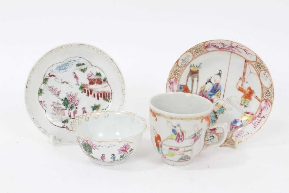 Lot 177 - A Chinese famille rose coffee cup and a saucer, and a Chinese tea bowl and saucer, decorated with the Stag Hunt patter