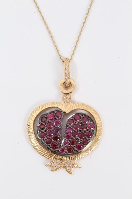 Lot 509 - Ruby, diamond and 18ct gold pendant in the form of a pomegranate, with diamond-set loop on 14ct gold chain.