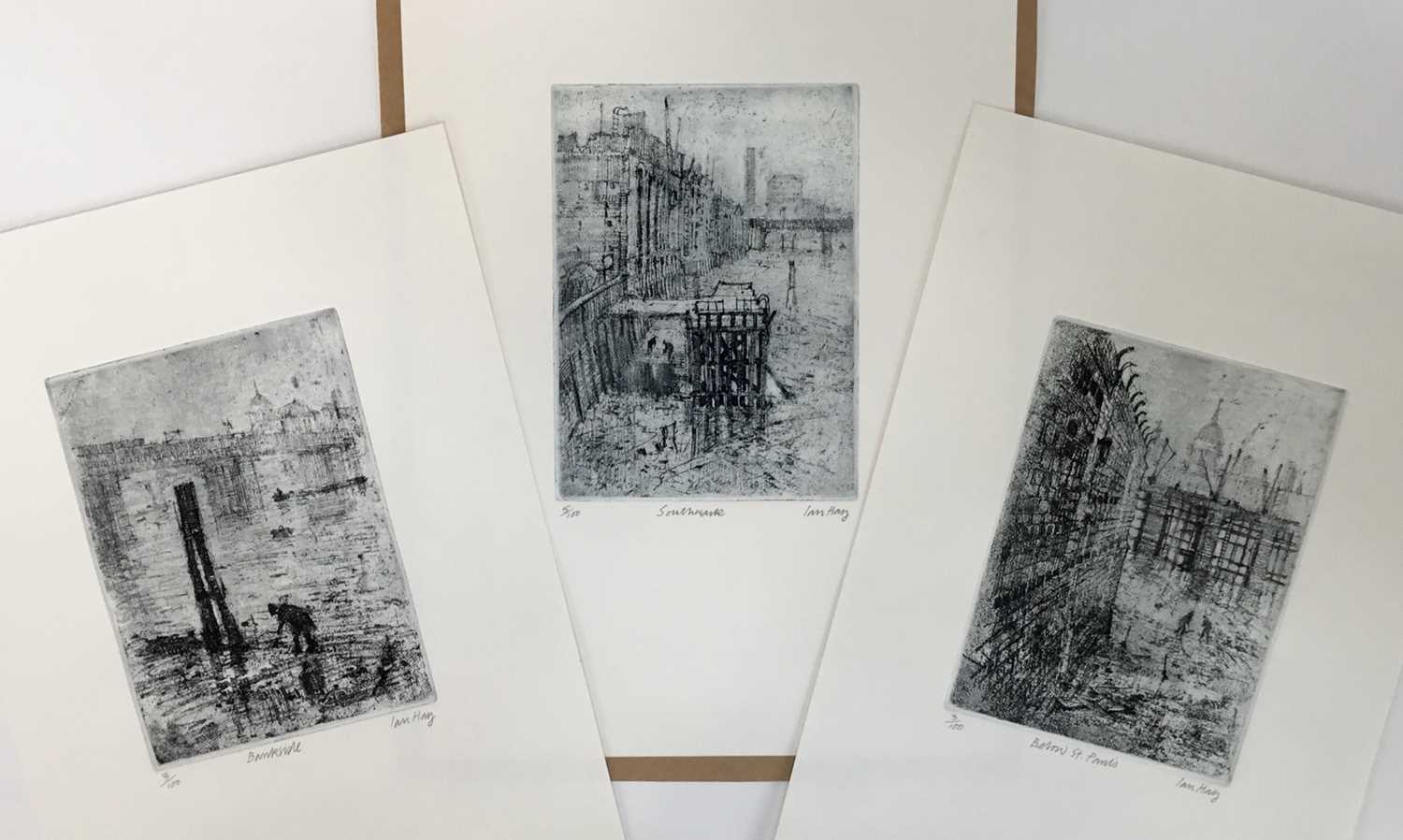 Lot 1200 - *Ian Hay (b.1940) three prints - 'Bankside', signed and numbered 3/100, 'Below St. Paul's', signed and numbered 3/100 and 'Southwark' signed and numbered 5/100, all images 12.5cm x 17cm