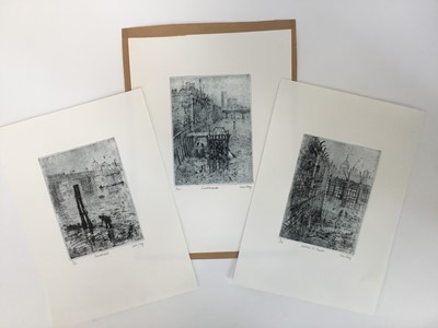 Lot 1200 - *Ian Hay (b.1940) three prints - 'Bankside', signed and numbered 3/100, 'Below St. Paul's', signed and numbered 3/100 and 'Southwark' signed and numbered 5/100, all images 12.5cm x 17cm