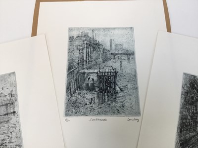 Lot 1200 - *Ian Hay (b.1940) three prints - 'Bankside', signed and numbered 3/100, 'Below St. Paul's', signed and numbered 3/100 and 'Southwark' signed and numbered 5/100, all images 12.5cm x 17cm