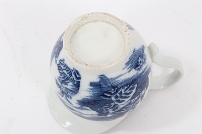 Lot 160 - An unusual Caughley helmet shaped milk jug, printed in blue with the Fisherman and Cormorant pattern, circa 1785