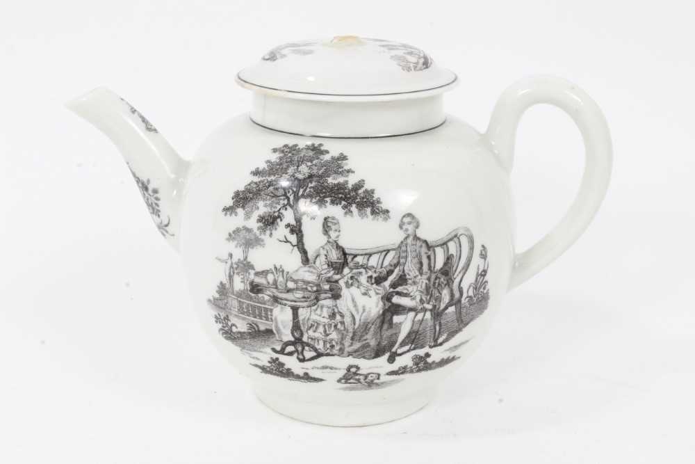 Lot 193 - A Worcester teapot and cover, printed by Robert Hancock with The Tea Party (number two) and La Diseuse d'Aventure, circa 1765-70