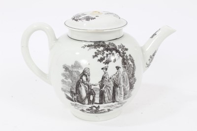Lot 163 - A Worcester teapot and cover, printed by Robert Hancock with The Tea Party (number two) and La Diseuse d'Aventure, circa 1765-70