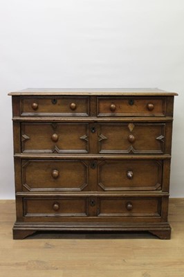 Lot 1372 - Late 17th century oak geometric moulded chest of drawers, having two short over three long graduated drawers on later bracket feet, 95c, wide x 59cm deep x 98cm high