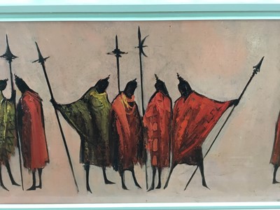 Lot 15 - Deborah Jones (1921-2012) oil on board, tribal figures standing in groups, signed lower left, in white painted frame, 69.5cm x 29.5cm