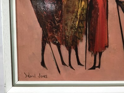 Lot 15 - Deborah Jones (1921-2012) oil on board, tribal figures standing in groups, signed lower left, in white painted frame, 69.5cm x 29.5cm