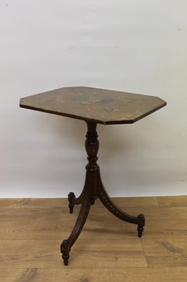 Lot 1383 - Edwardian polychrome painted satinwood wine table, with canted rectangular top on turned column and tripod base, 40cm wide