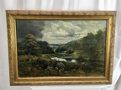 Lot 185 - J. M. Barber, 1860s oil on canvas - extensive rural landscape with deer grazing, signed and dated 1863, in gilt frame