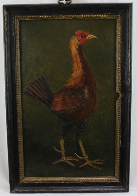 Lot 980 - English School oil on panel - a fighting cock, in gilt and ebonised frame