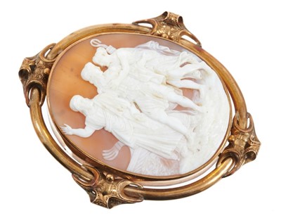Lot 466 - 19th century Italian carved shell cameo brooch depicting classical figures, in a yellow metal brooch mount, 72mm x 60mm.