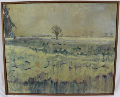 Lot 1168 - Pam Dan oil on canvas - snow covered meadow, signed and dated '72, framed