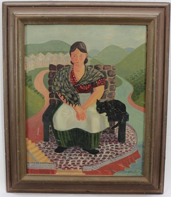 Lot 1184 - *Joyce Pallot, 1940s oil on canvas - portrait of a lady and black cat, signed and dated, framed