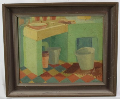 Lot 1186 - *Joyce Pallot oil on canvas - Kitchen Interior, signed and dated 1934, framed
