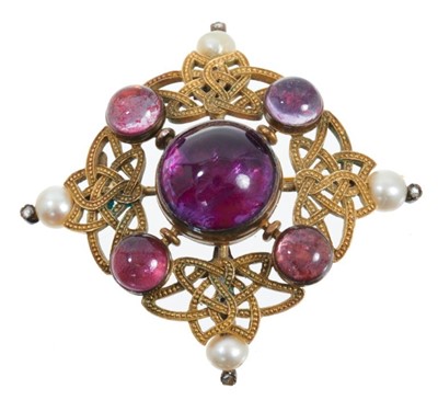 Lot 468 - 19th century Renaissance revival gold amethyst, pearl and diamond pendant/brooch with five foil-backed circular cabochon stones, pierced gold design with four pearls and rose cut diamonds, French e...