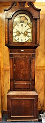 Lot 676 - Robert Parry, Pwllheli, early 19th century oak and fruitwood crossbanded longcase, with two weights and pendulum